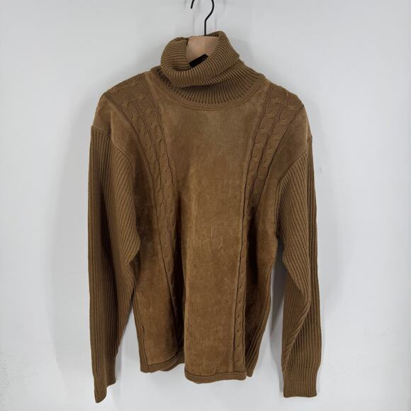 Lorenzino Brown Knit Turtleneck Sweater Suede Leather Trim Cable Knit Size Large - Picture 1 of 8